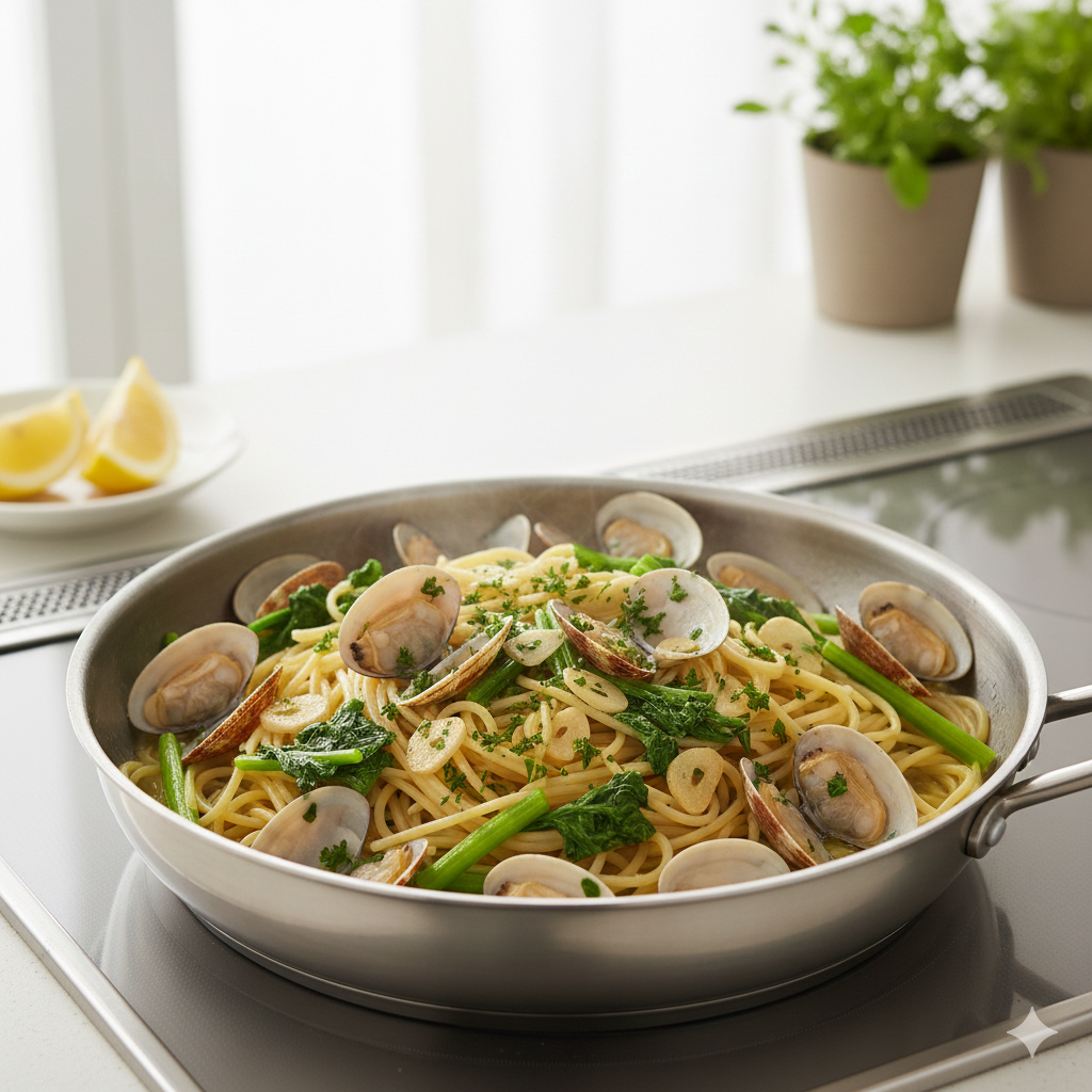 中学受験後の子どもが挑戦したあさりと野沢菜のパスタ料理